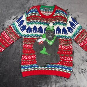 33 Degrees Mens Gorilla Holiday Sweater Fair Isle Knit Red Green E66161 Large